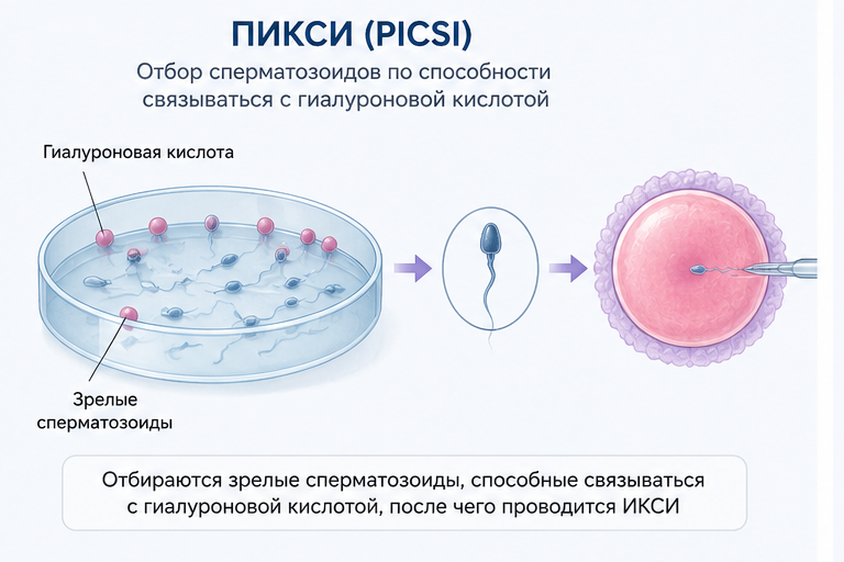 ПИКСИ (PICSI): отбор зрелых сперматозоидов по связыванию с гиалуроновой кислотой